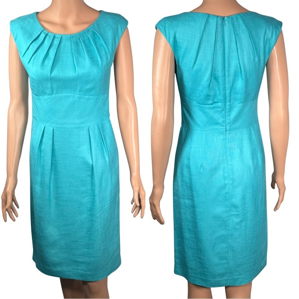 Trina Turk Turquoise Blue Pleated Sheath Dress Sleeveless Textured Cocktail
